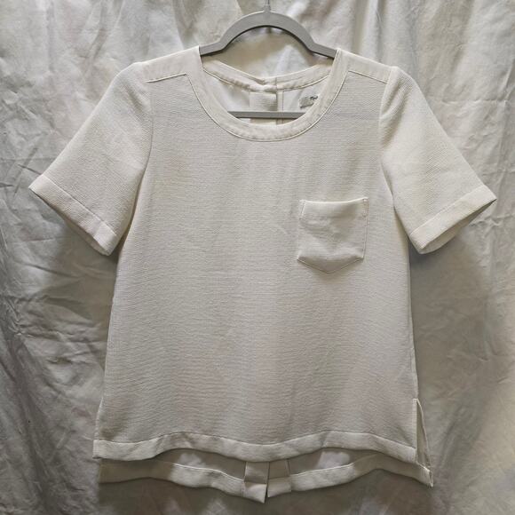 Madewell white textured button-down back short sleeve top poly/silk slits - Picture 1 of 11